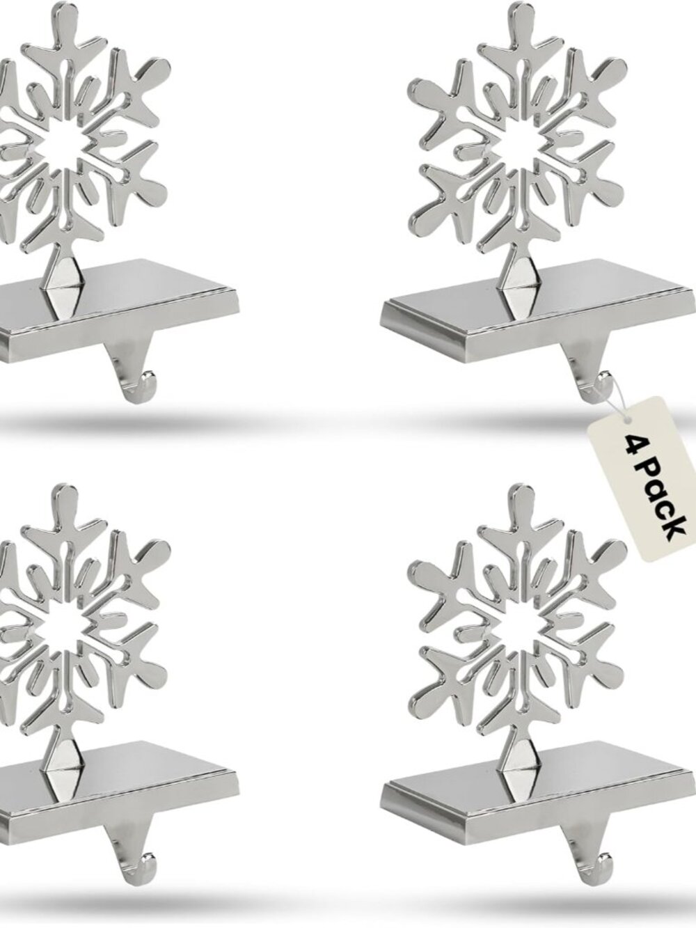 4-Pack Stocking Holders Christmas Chrome Metal Snowflake Weighted